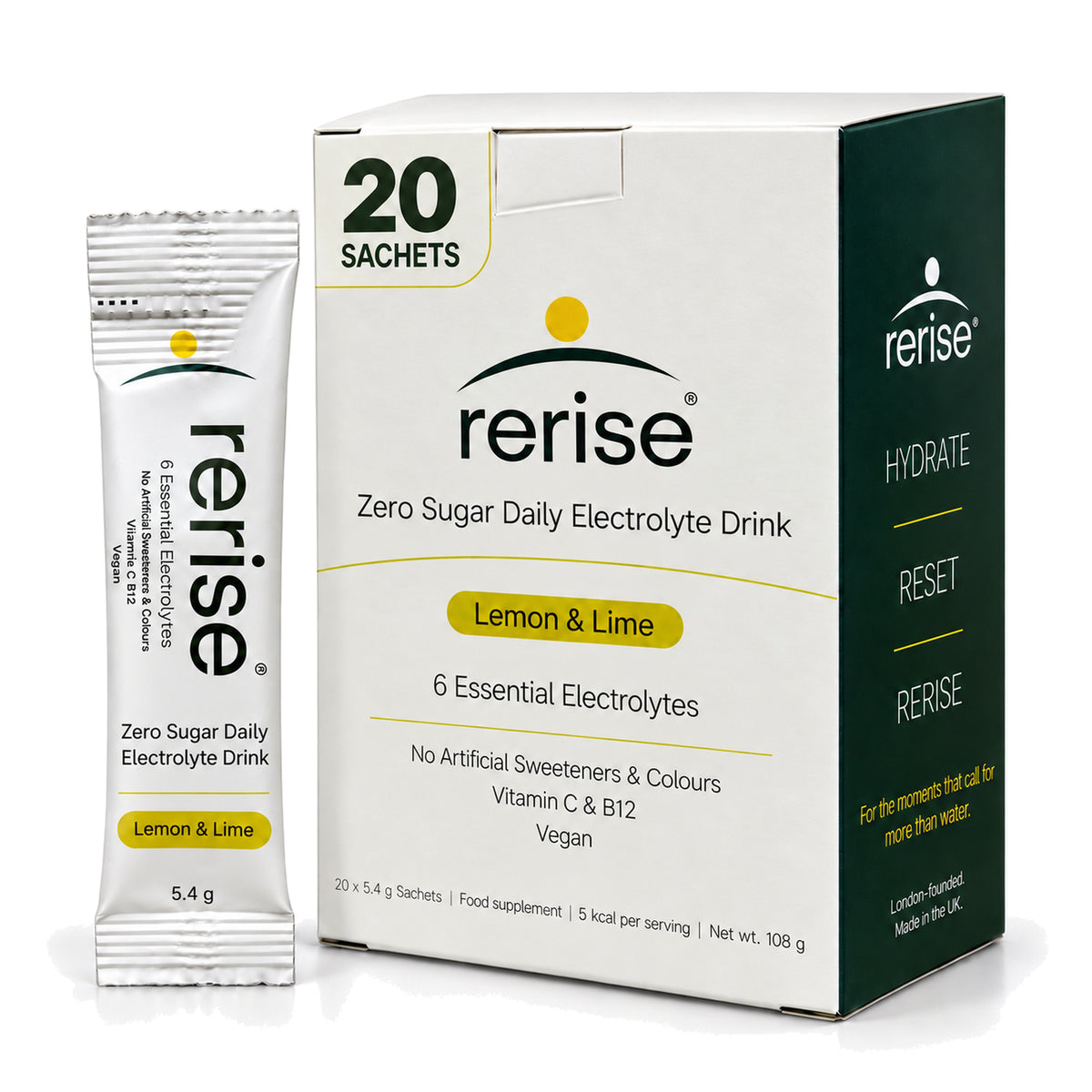 RERISE Lemon & Lime electrolyte powder box with one sachet, 20 sachets per box.