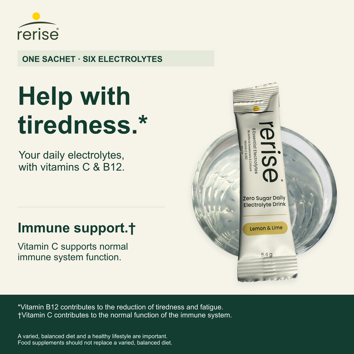 RERISE one-sachet benefits, with vitamin B12 tiredness and vitamin C immune function statements.