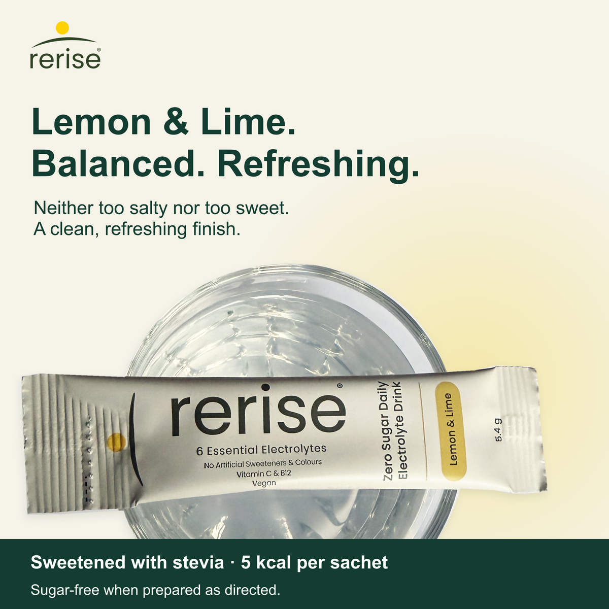 RERISE Lemon & Lime sachet over a glass of prepared drink, with balanced taste description.