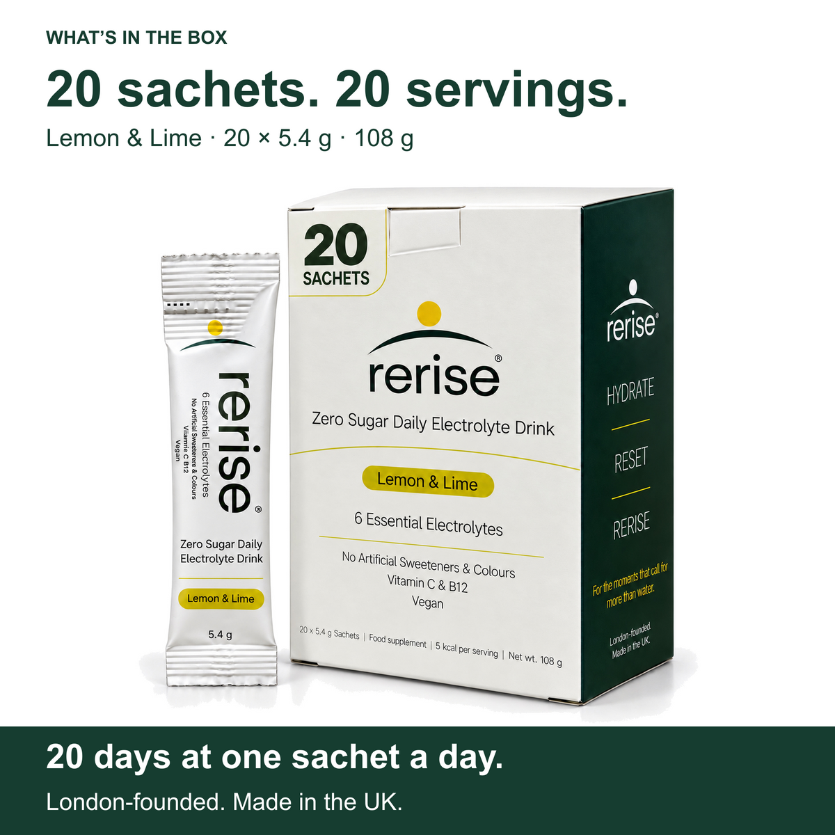 One RERISE box contains 20 Lemon & Lime sachets of 5.4 g each, providing 20 servings.