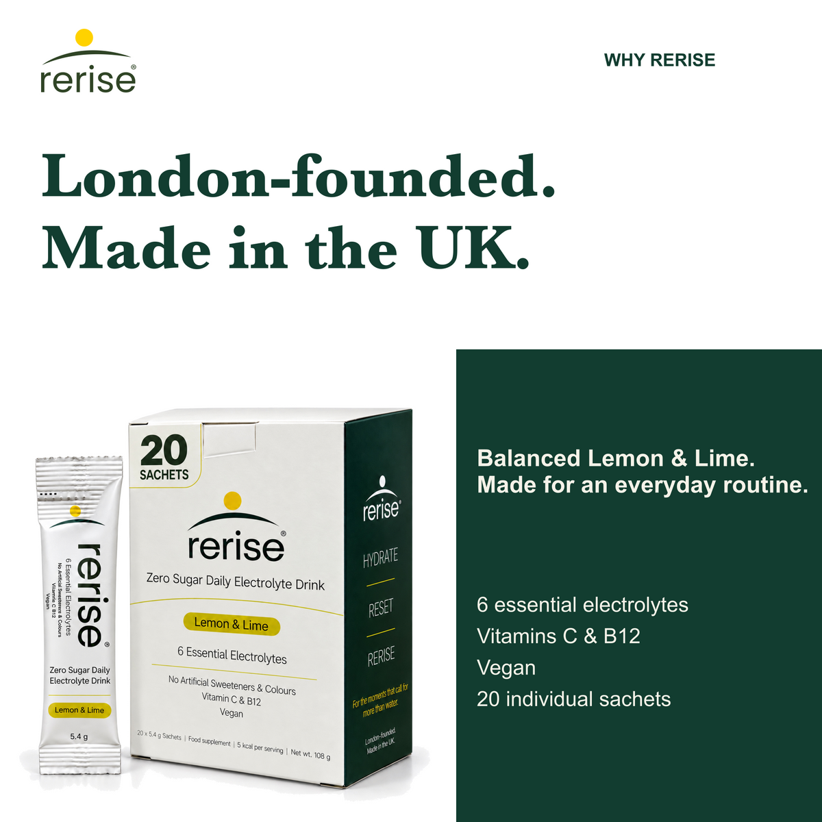 RERISE box and sachet with London-founded and Made in the UK messaging.
